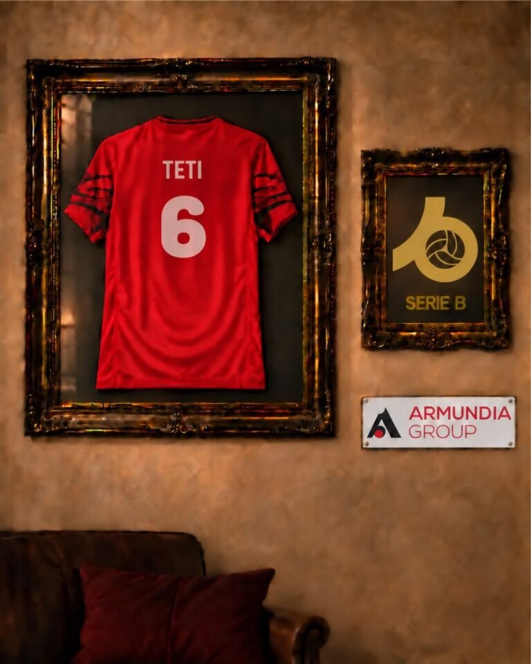 Maglia rossa numero 6 di Federico Teti incorniciata, con il logo Serie B e Armundia Group
